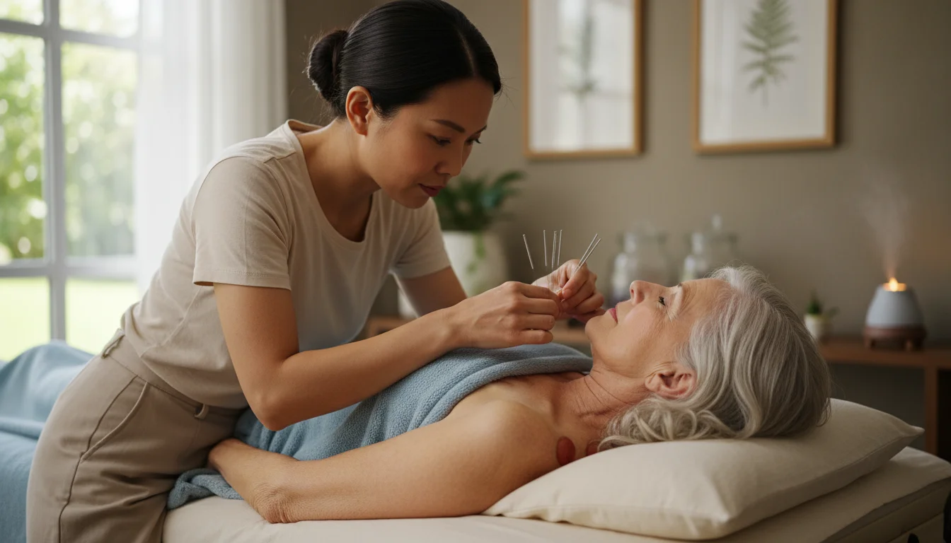 An older woman receives acupuncture on her shoulder from a professional acupuncturist in a serene room.