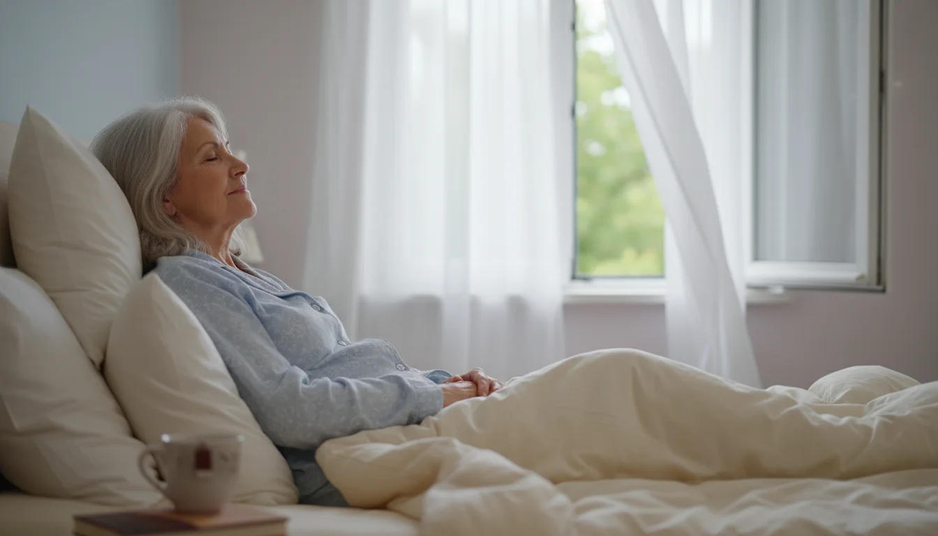 An older woman relaxing in bed, eyes closed, in a cool, softly lit room with a sheer curtain gently moving from a window breeze.