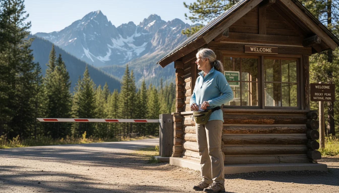 Older woman retrieving a pass at a National Park entrance booth, looking towards mountains.