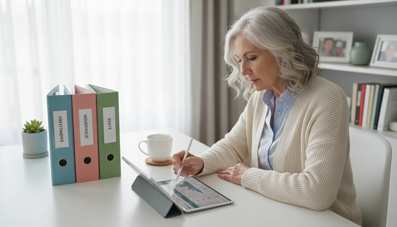 An older woman reviews financial documents on a tablet, with three color-coded folders neatly arranged on her bright, organized desk.