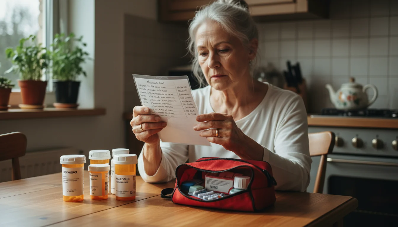 An older woman reviews a laminated medication list at her kitchen table, surrounded by prescription bottles and an open emergency kit bag.