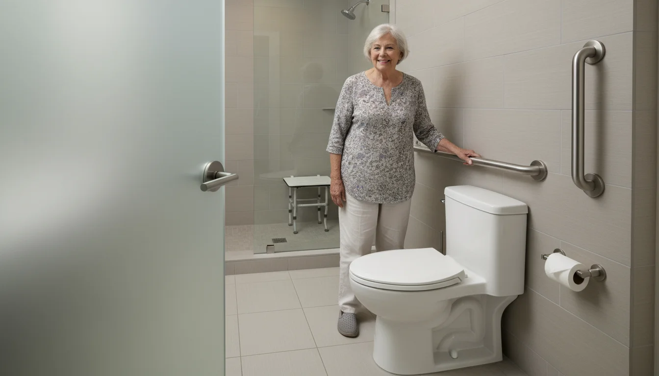Older woman rising easily from a raised toilet, holding a grab bar. A lever door handle is visible nearby. Clean, well-lit bathroom.