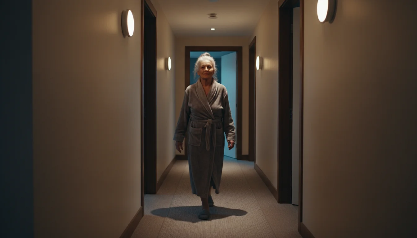 An older woman in a robe walks confidently down a softly lit hallway at night, guided by smart lights, towards a glowing bathroom.