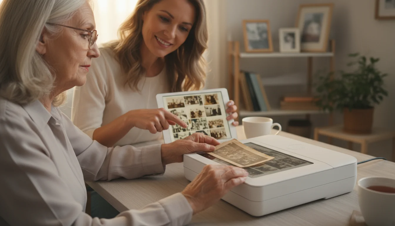 An older woman scans an old photo while her adult daughter views digitized photos on a tablet, with vintage albums nearby.