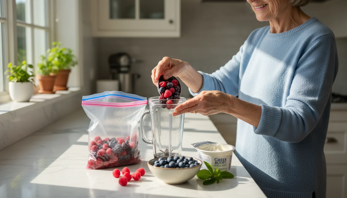 An older woman scooping colorful frozen berries into a blender, with fresh berries and yogurt on a kitchen counter.