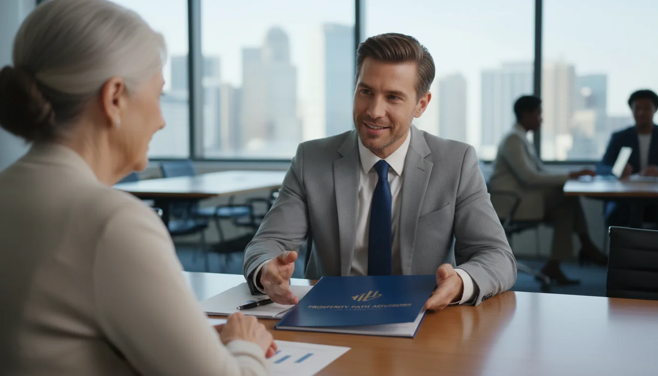 An older woman seated across from a financial advisor who is gesturing towards a branded brochure on a table.