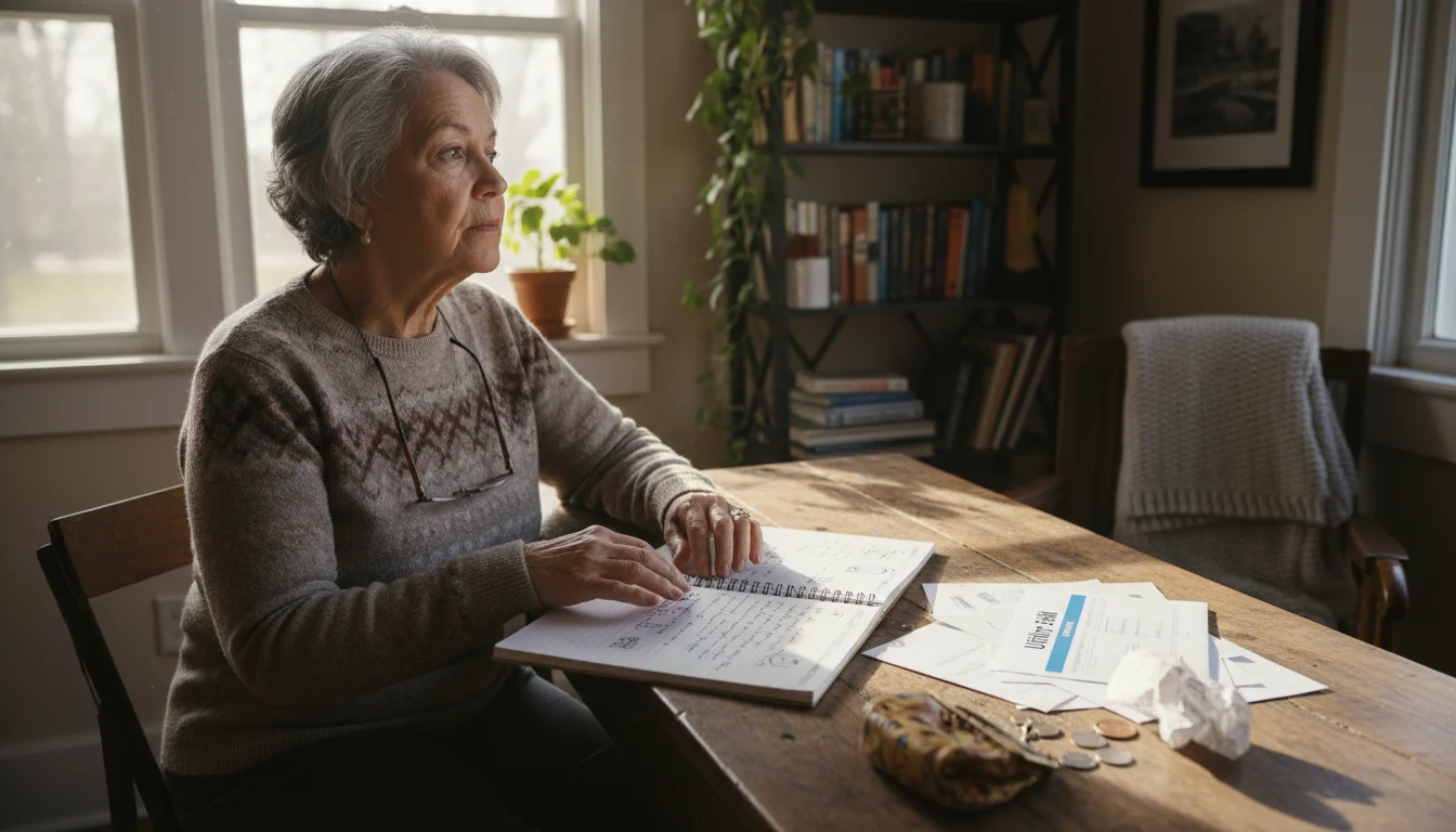 Older woman seated at a desk, looking thoughtfully at a notebook, bills, and a grocery receipt.