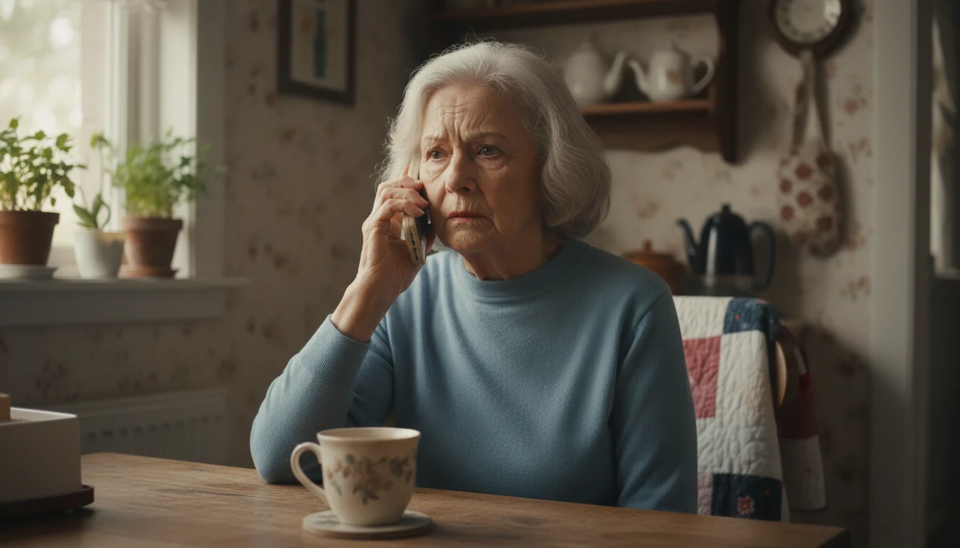 Older woman, 75, seated at a kitchen table, holding a cordless phone to her ear with a worried and confused expression.
