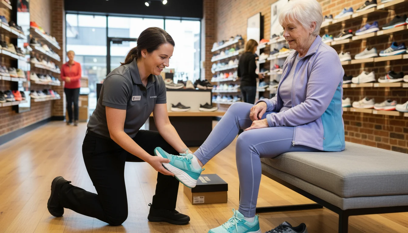 Older woman seated in a shoe store, an associate kneeling to check the fit of a walking shoe on her foot. Shelves of shoes are visible.