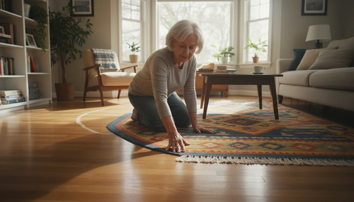 An older woman secures a colorful throw rug to a wooden floor in a brightly lit living room, ensuring clear and safe pathways.