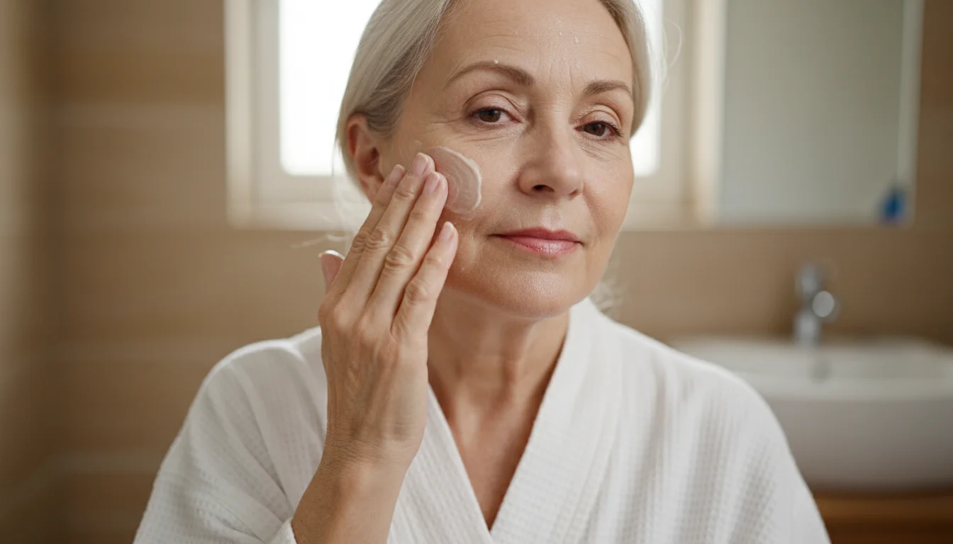 An older woman with a serene expression gently massages a creamy cleanser onto her cheek with her fingertips.