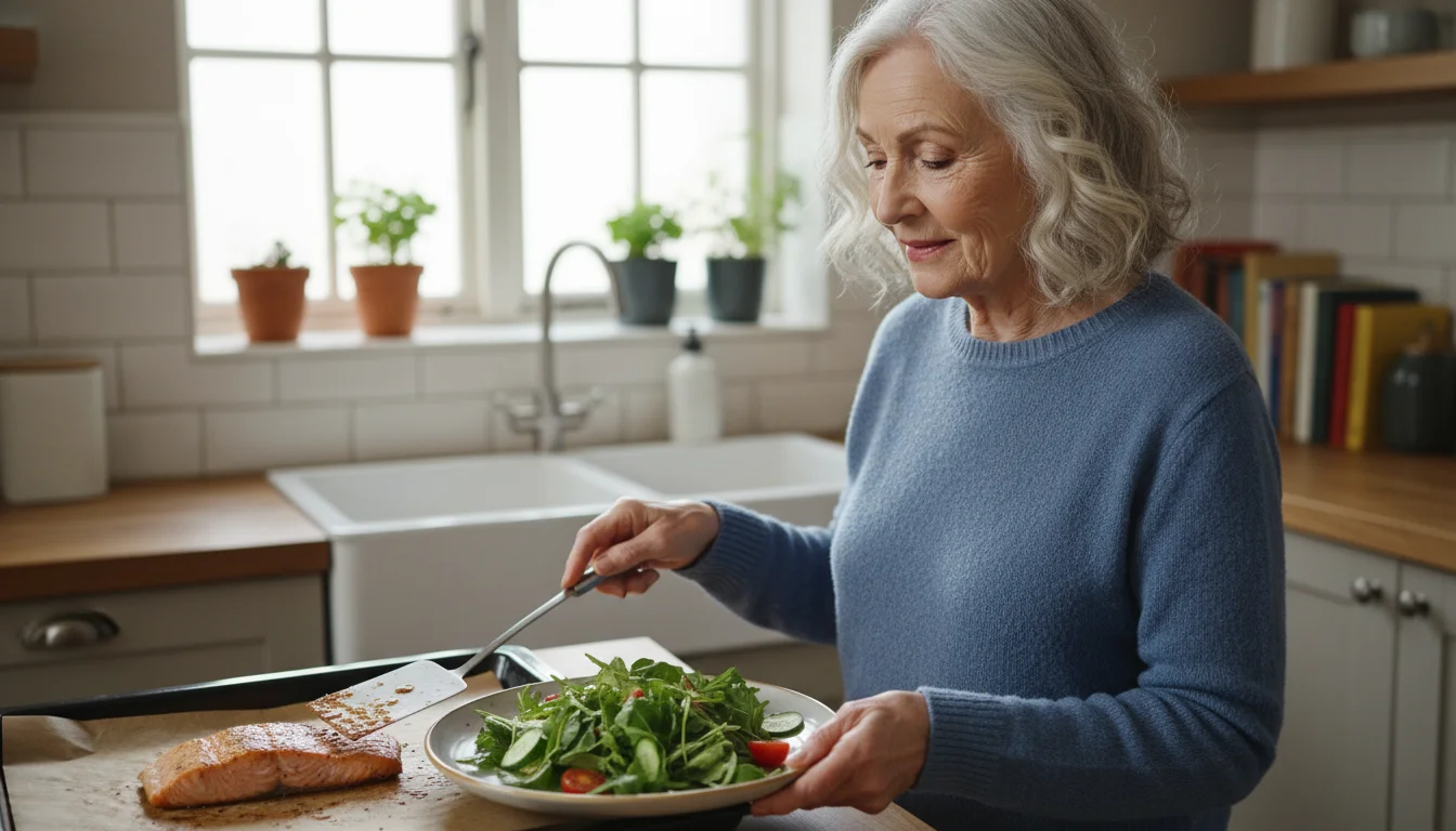 Older woman carefully serving a baked salmon fillet with a side salad in a cozy, naturally lit kitchen.