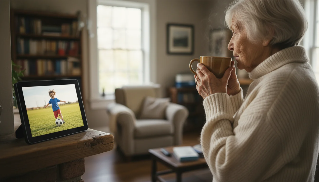 From over an older woman's shoulder, she sips coffee while a digital photo frame on a mantelpiece shows a child playing soccer.