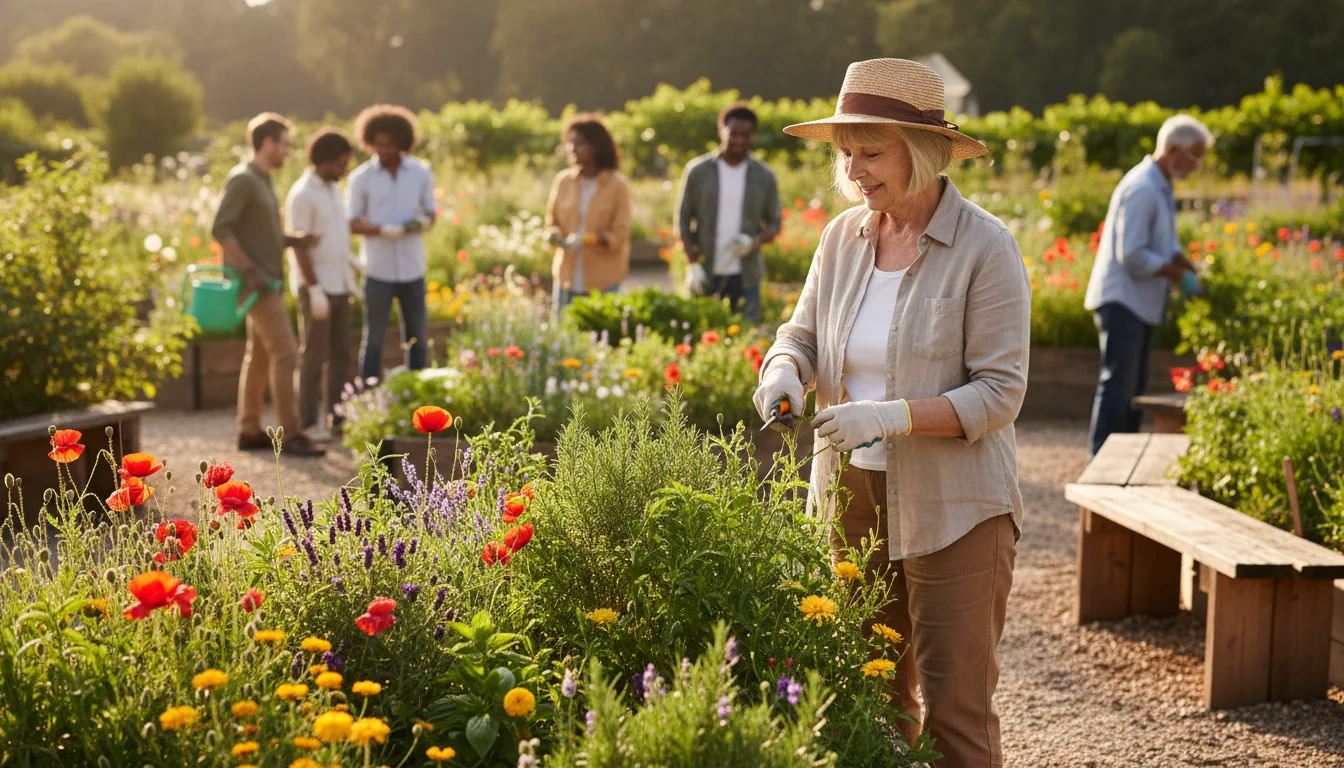 An older woman with short grey hair tends a vibrant raised garden bed on a sunny day, looking calm and focused. Another gardener is in the background.