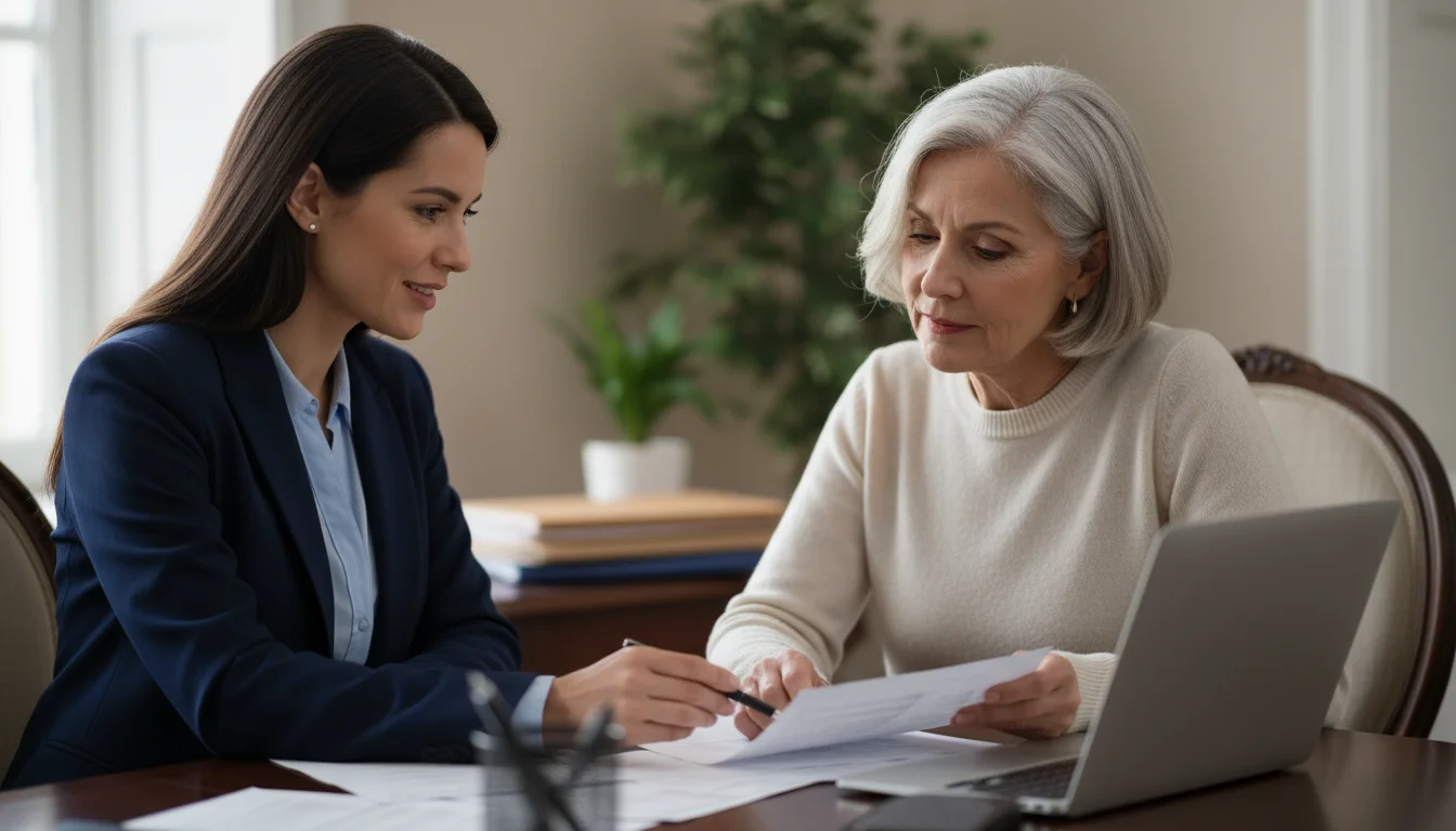 An older woman shows a subtle smile of relief while reviewing tax forms with a professional advisor in a well-lit office.