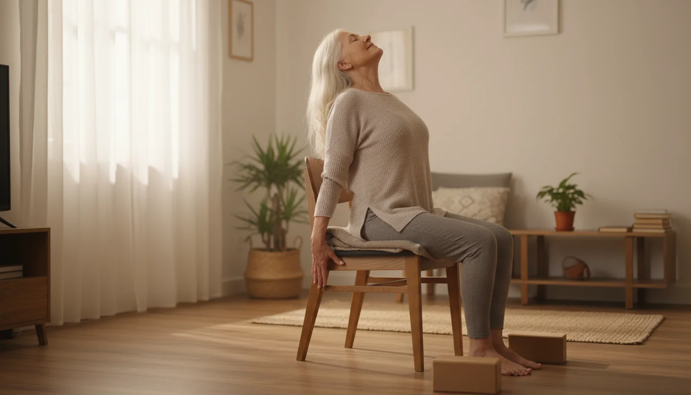 Older woman with silver hair gently arches her back in a seated yoga stretch on a sturdy wooden chair in a sunlit room.