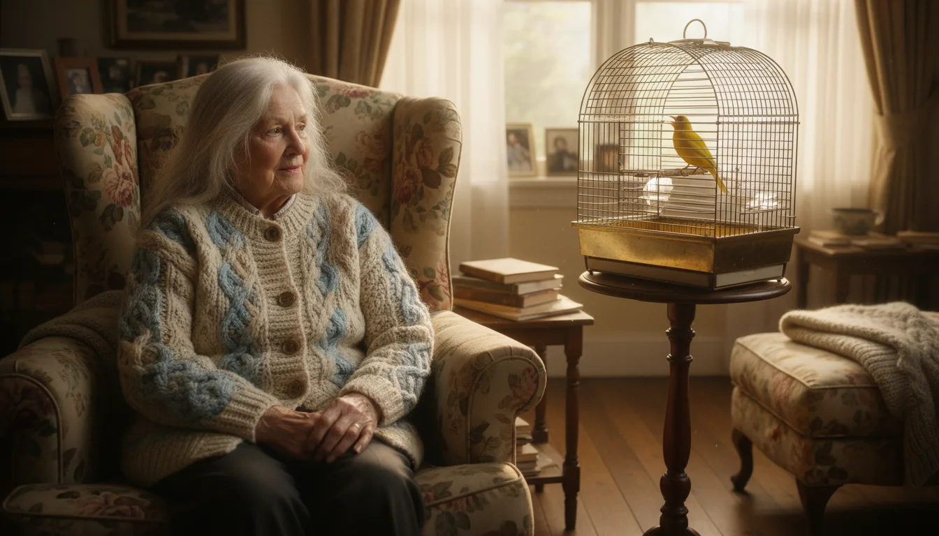 Older woman with silver hair attentively listening to a yellow canary singing in its cage by a sunny window in a cozy room.