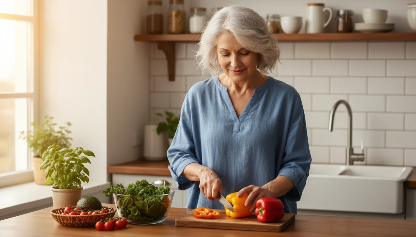 An older woman with silver hair chops colorful bell peppers in her kitchen, surrounded by healthy ingredients and a single place setting.