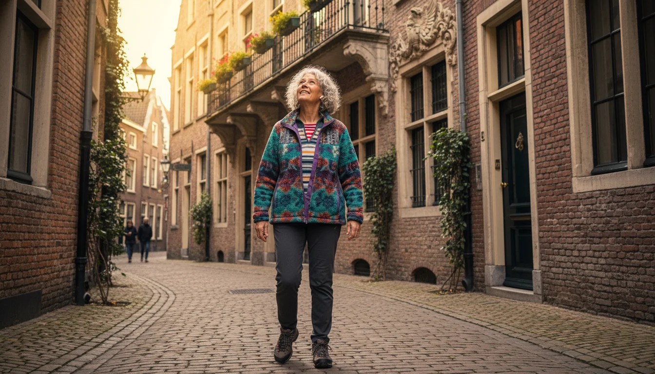 Older woman with silver hair and earbuds looking up at an ornate building in a charming brick alley.