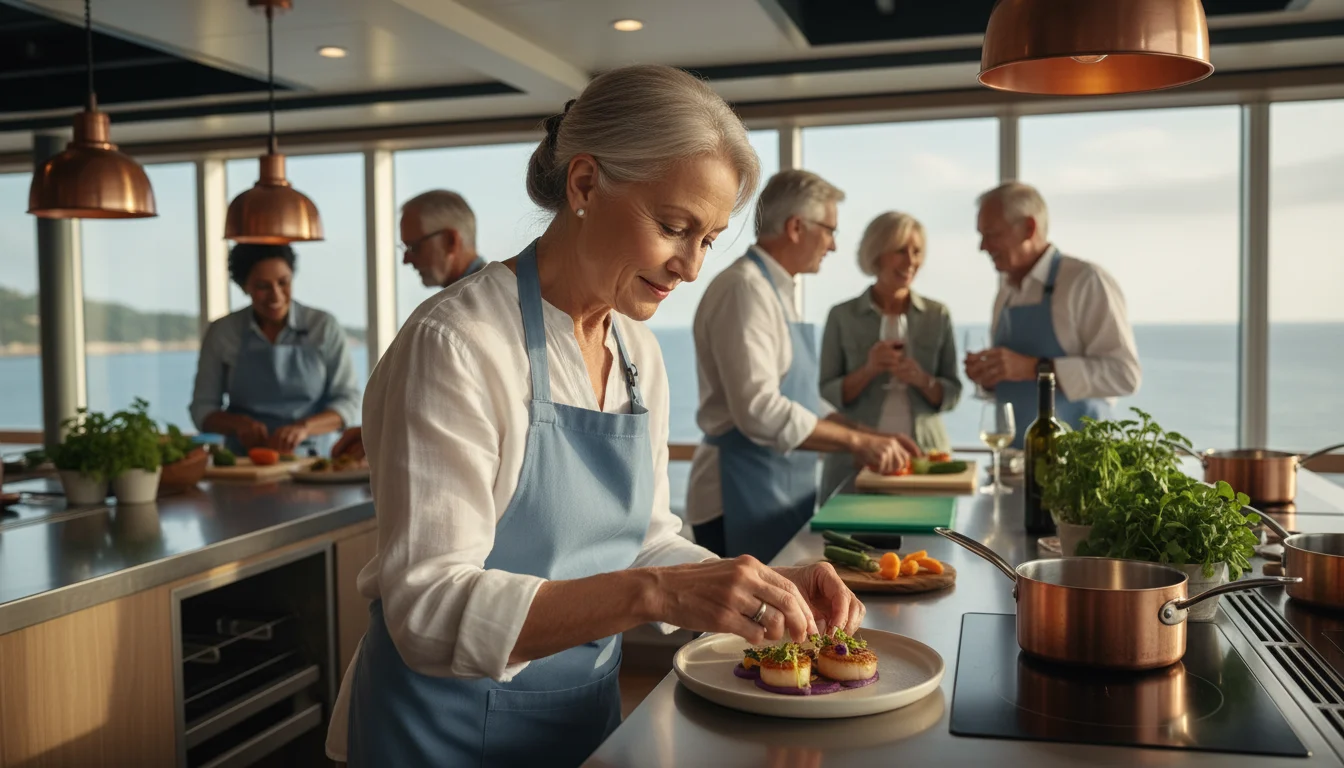 An older woman with silver hair focuses on garnishing a dish in a bright cruise ship kitchen with other seniors cooking around her.