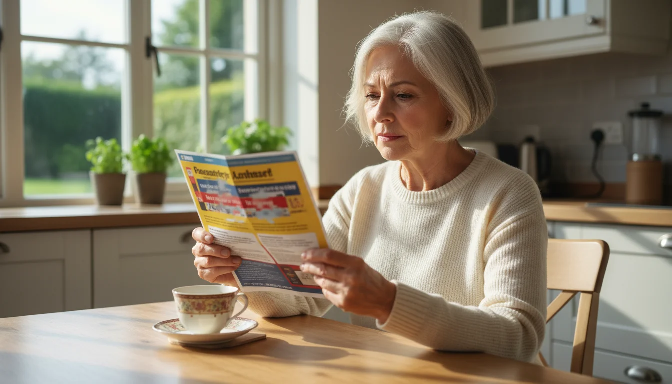Older woman with silver hair carefully examining a glossy financial mailer at her kitchen table.