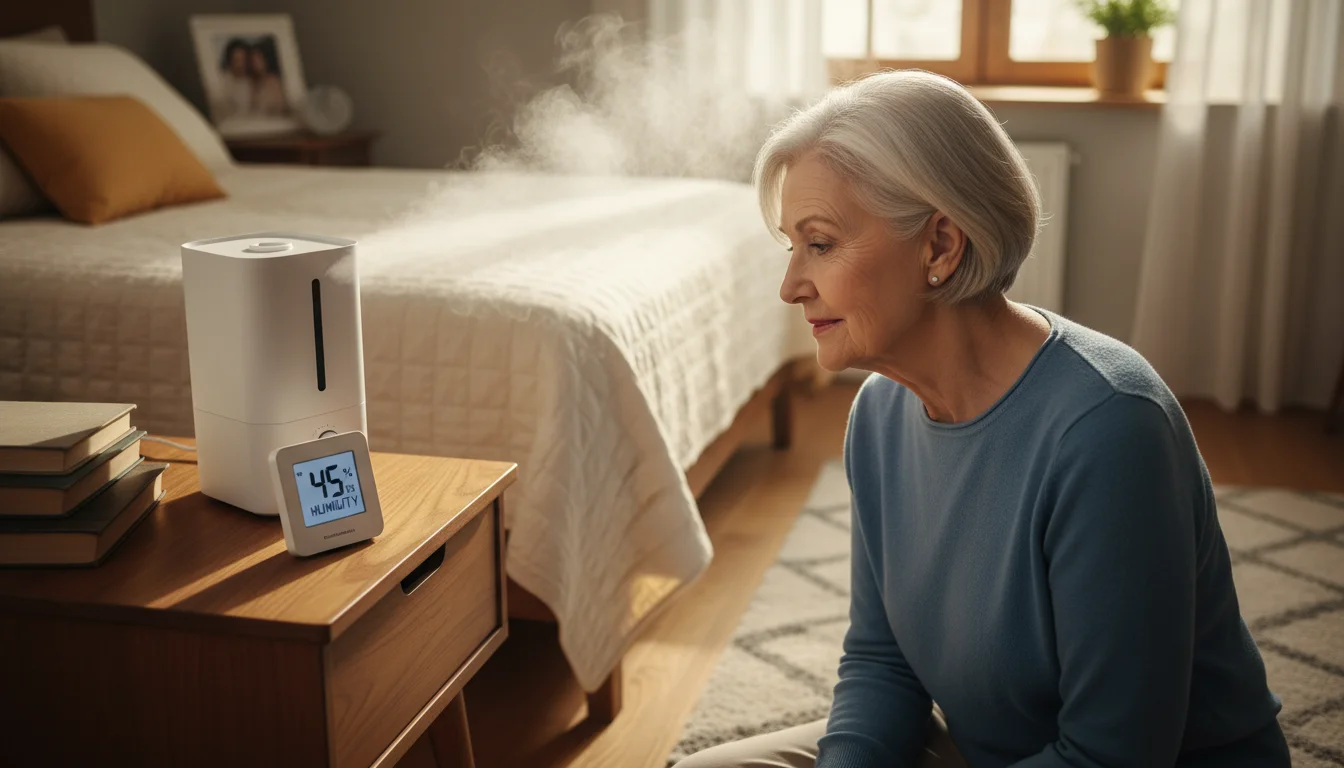 An older woman with silver hair intently looking at a digital hygrometer on a bedside table next to a misting humidifier in her cozy bedroom.