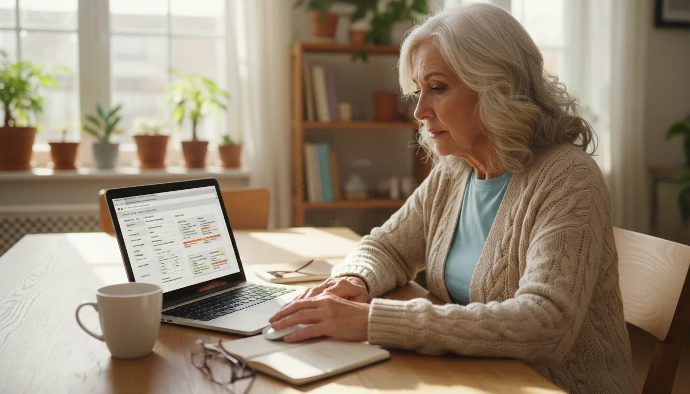 An older woman with silver hair intently focuses on a laptop screen, reviewing healthcare enrollment options at a sunlit dining table.