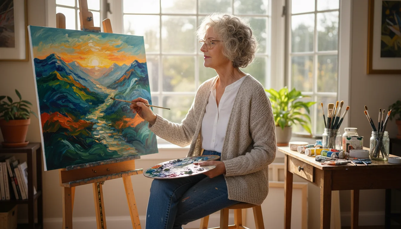 An older woman with silver hair intently paints an abstract landscape on an easel in a sunlit home art studio, surrounded by art supplies.