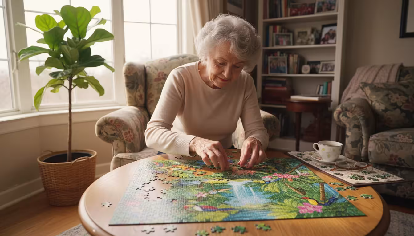 Older woman with silver hair intently working on a colorful jigsaw puzzle at a small wooden table in a well-lit corner.