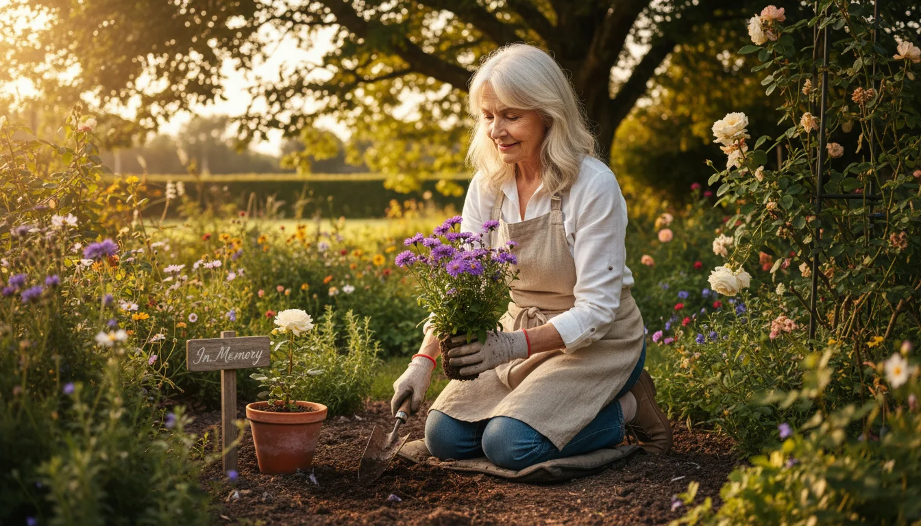 An older woman with silver hair kneels in a sunny garden, gently planting a purple flower, a reflective look on her face.