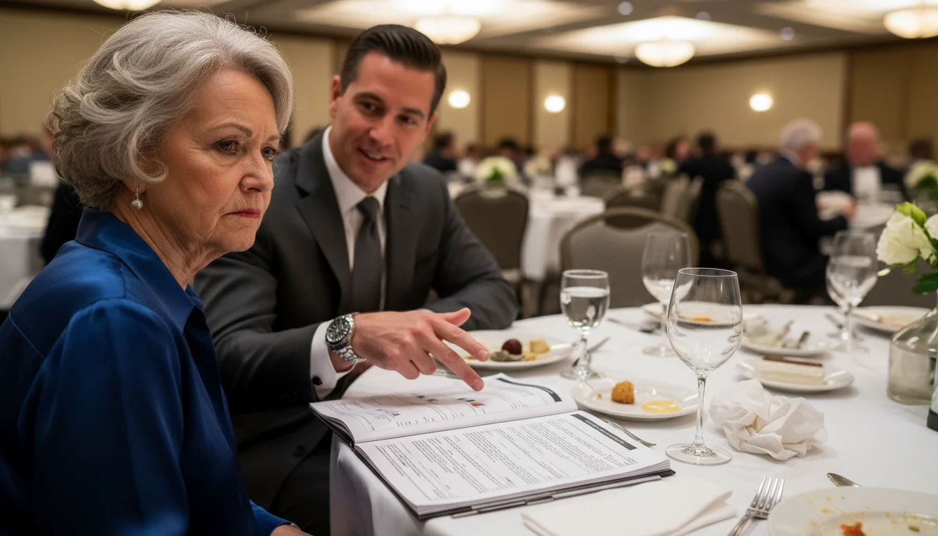 An older woman with silver hair looks skeptical as a young financial advisor leans in, gesturing at a complex document at a seminar.