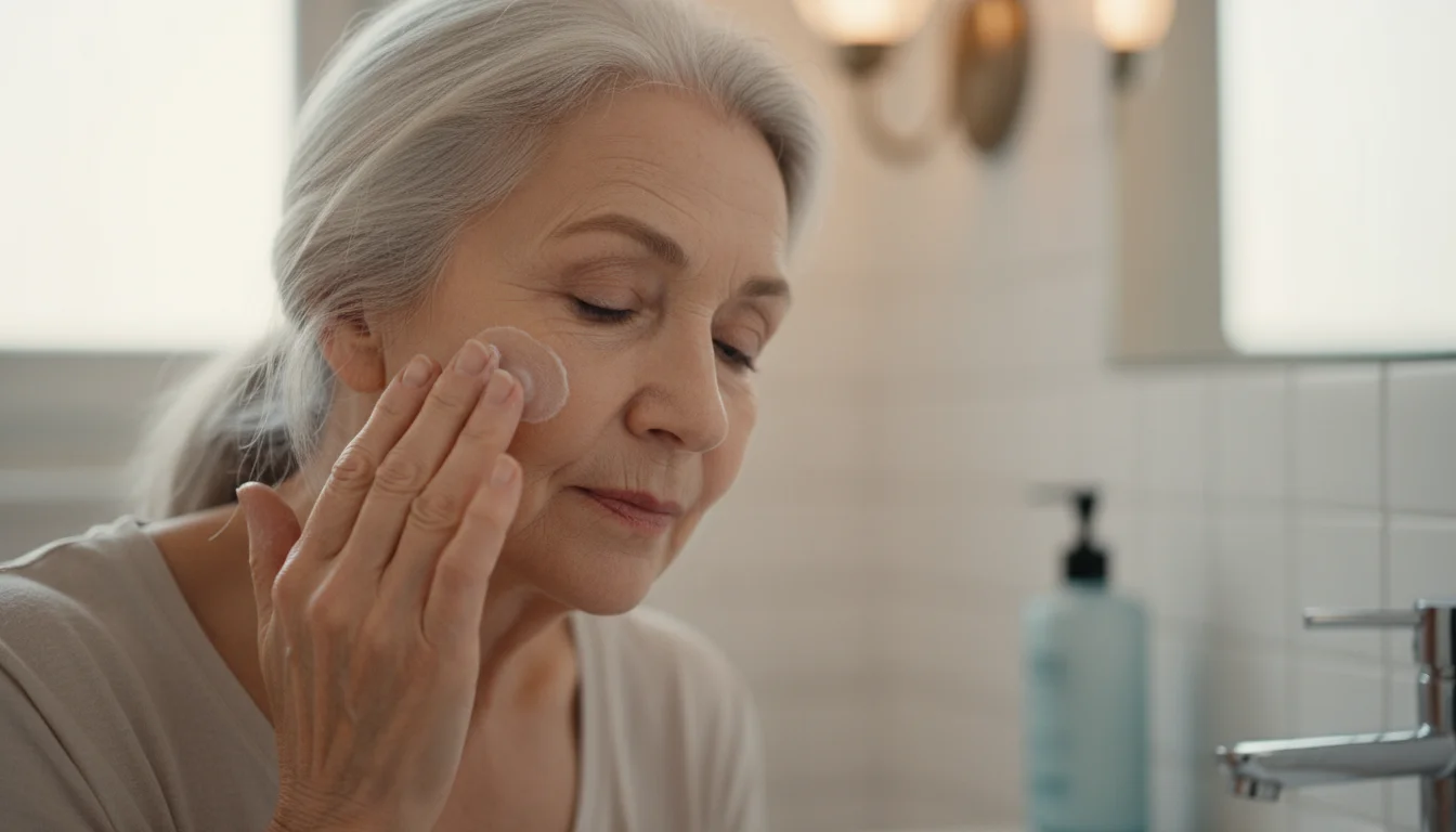 An older woman with silver hair gently massages mild cleanser onto her face with her fingertips in a softly lit bathroom.