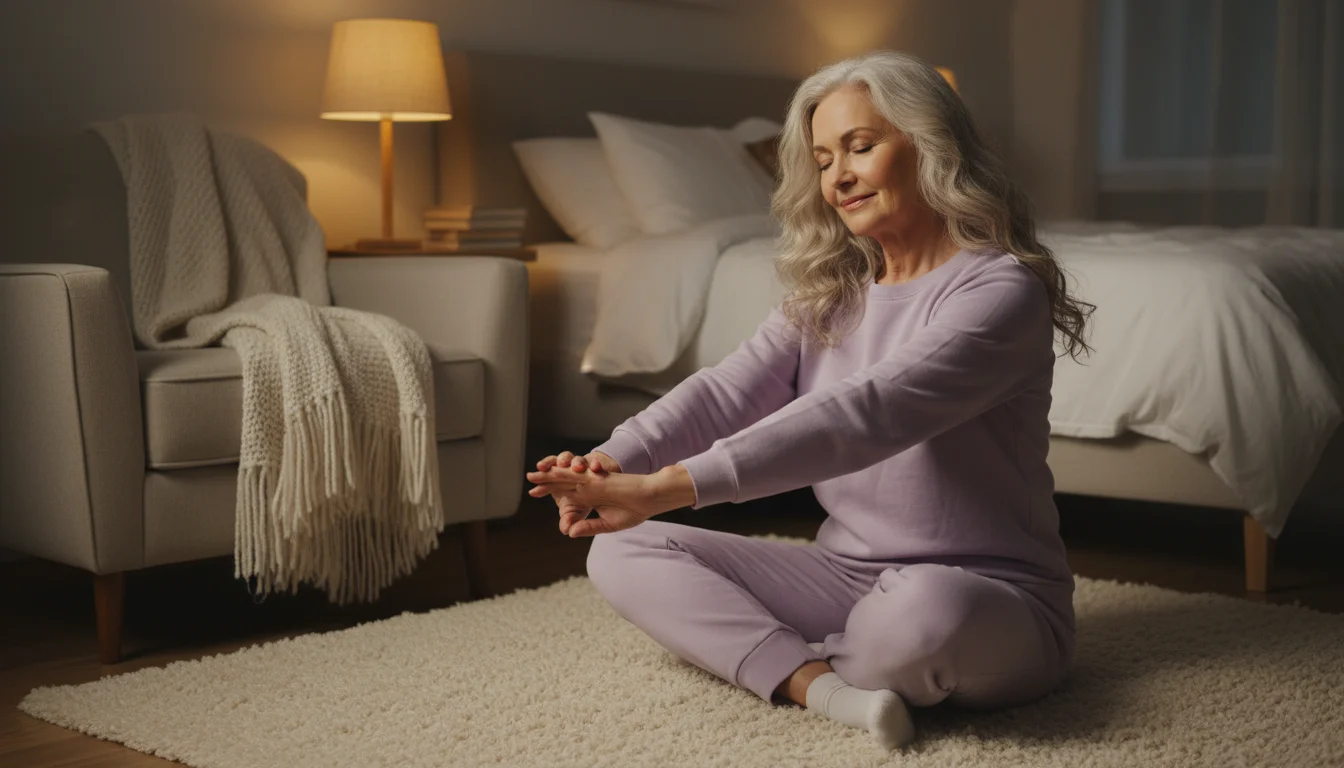 An older woman with silver hair, mid-70s, is seen in a softly lit bedroom, gently performing seated stretches or meditating on a plush rug before bedt