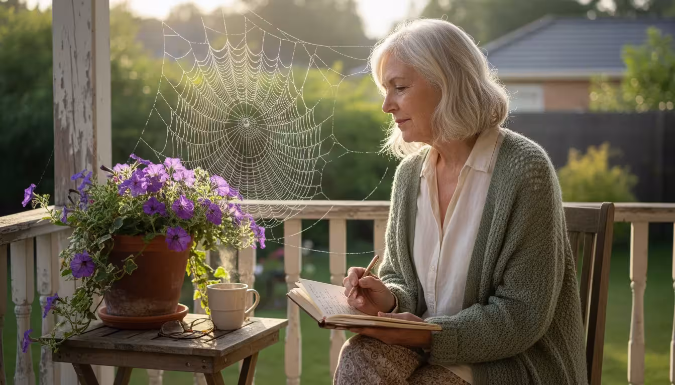 An older woman with silver hair gently observes a dewy spider's web on a porch railing, holding a notebook.