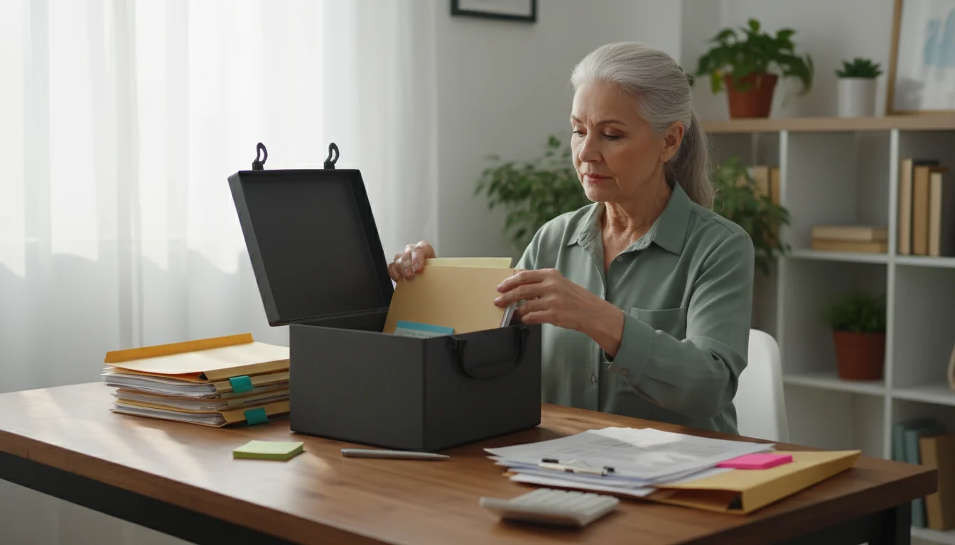 An older woman with silver hair carefully organizes and places financial documents into a fireproof box on a wooden desk, looking focused.