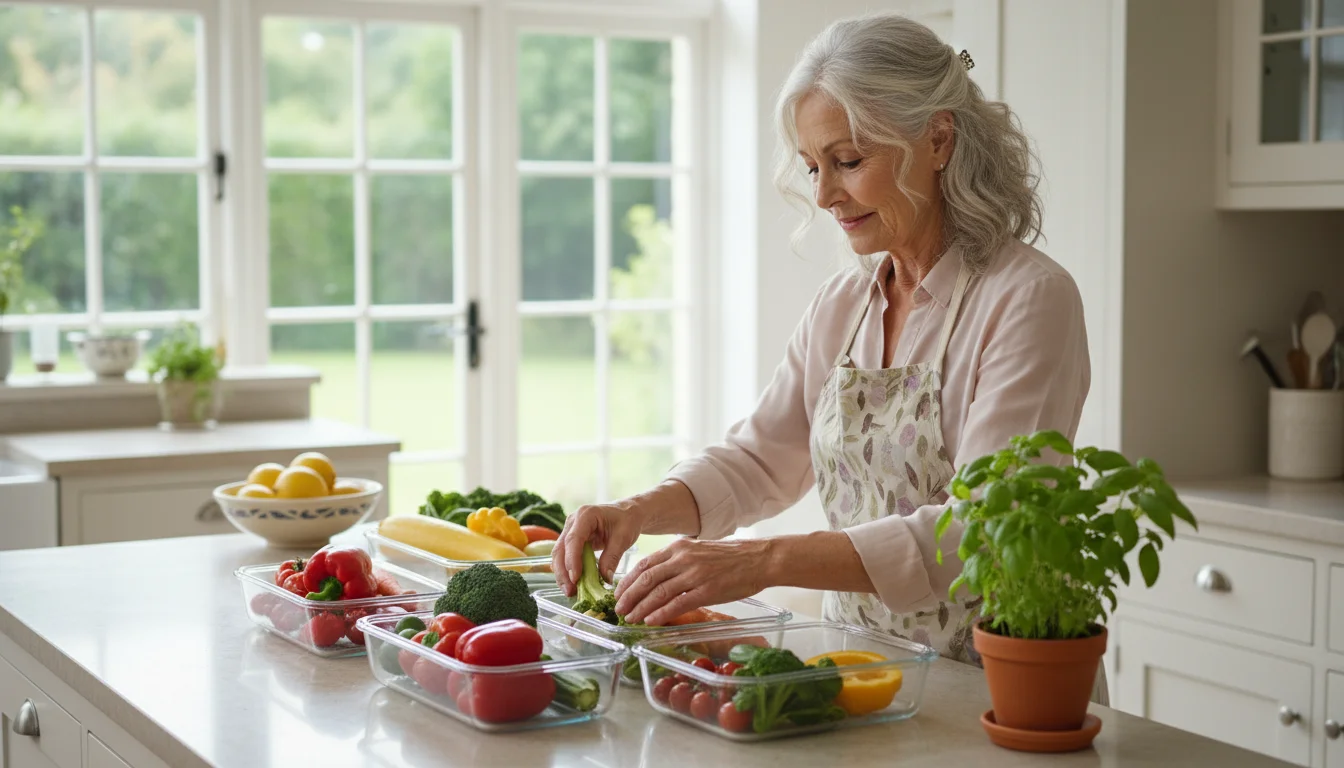 Older woman with silver hair organizing fresh vegetables into storage containers in a sunny kitchen, showing smart meal prep.