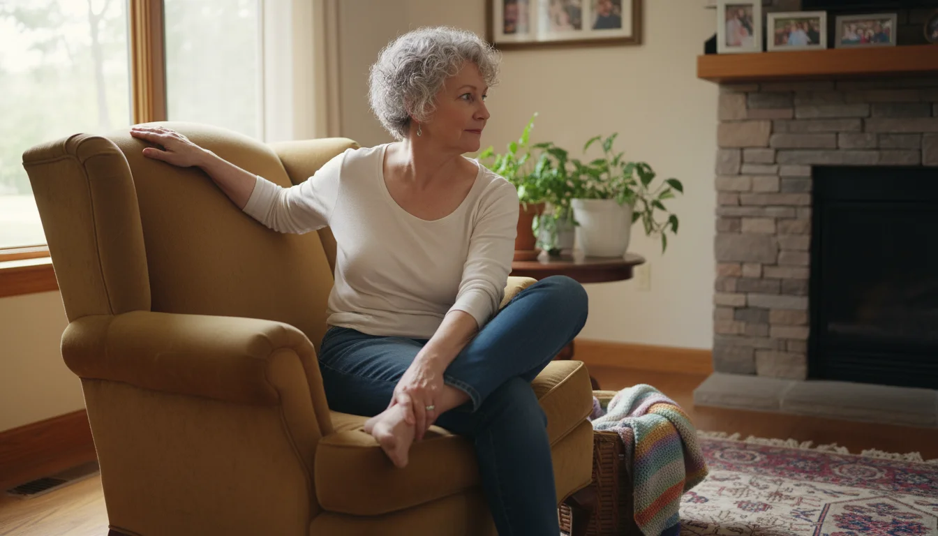 An older woman with silver hair performs a gentle seated twist in an armchair at home, looking over her shoulder.