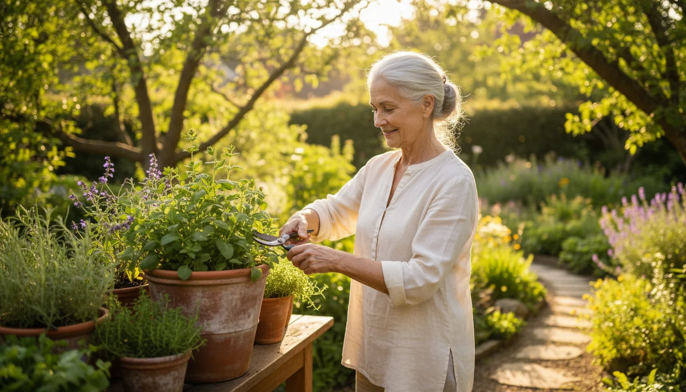 An older woman with silver hair carefully prunes a green plant in a terracotta pot in her sunny garden, focusing intently.