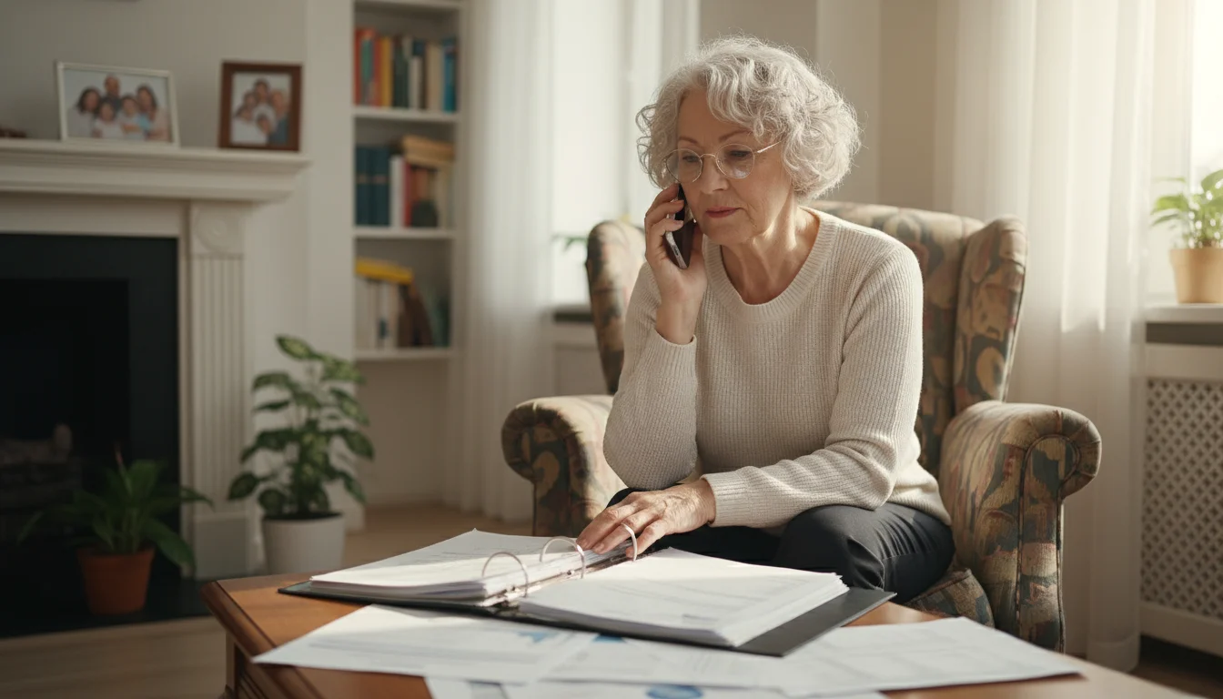 An older woman with silver hair and reading glasses on the phone, looking at an open binder in a sunlit living room.