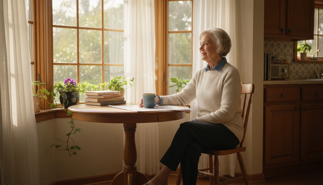 An older woman with silver hair sips coffee and reads a newspaper in her sunny breakfast nook, looking out a window.