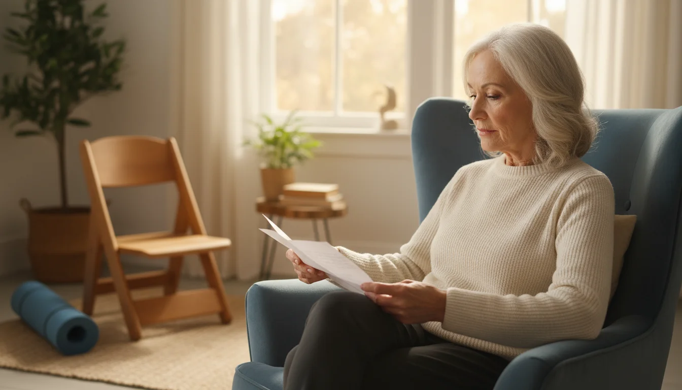 An older woman with silver hair sits in an armchair, reading a piece of paper. A sturdy wooden chair is behind her.