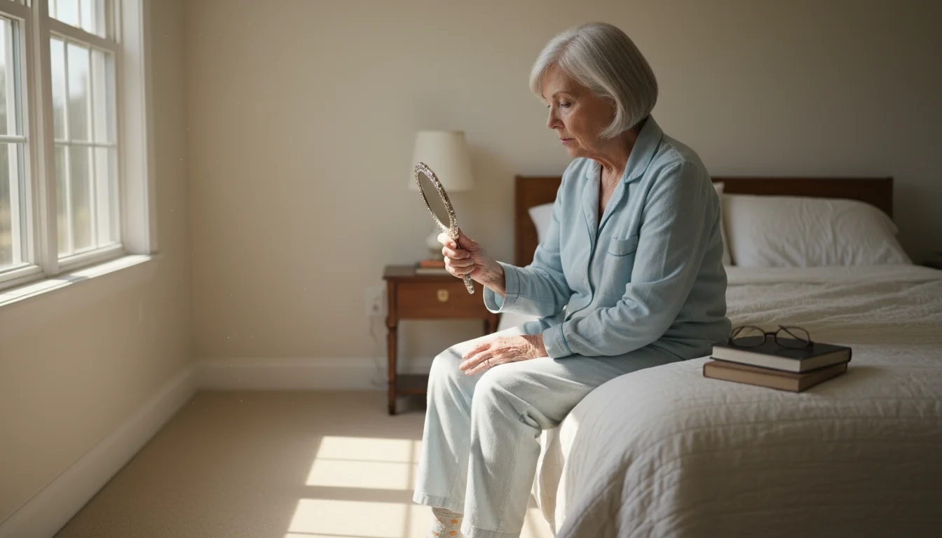 An older woman with silver hair sits on her bed, using a small hand mirror to carefully check the back of her lower leg for skin changes.