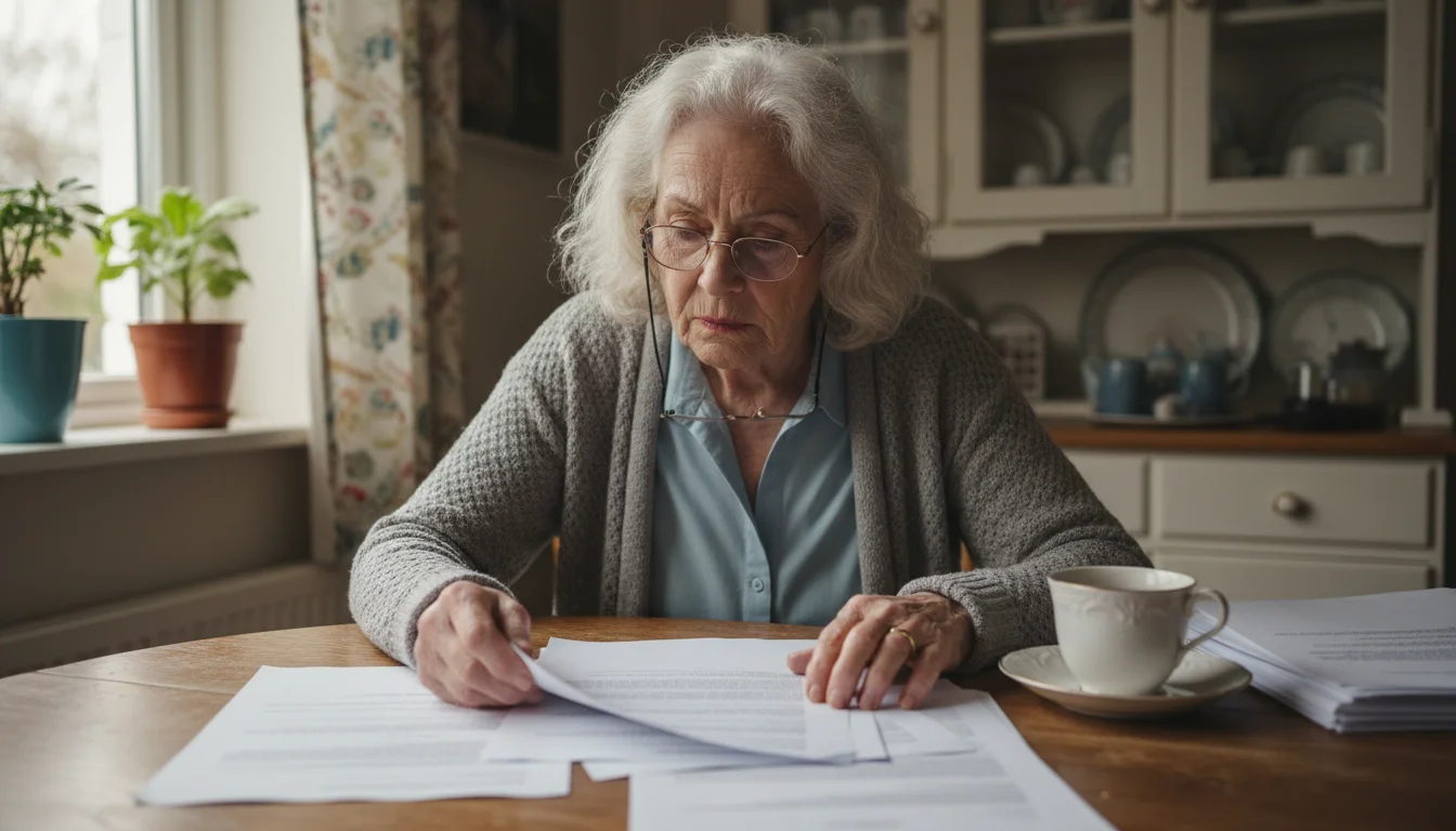 An older woman with silver hair sits at a kitchen table, looking confusedly at generic legal documents.