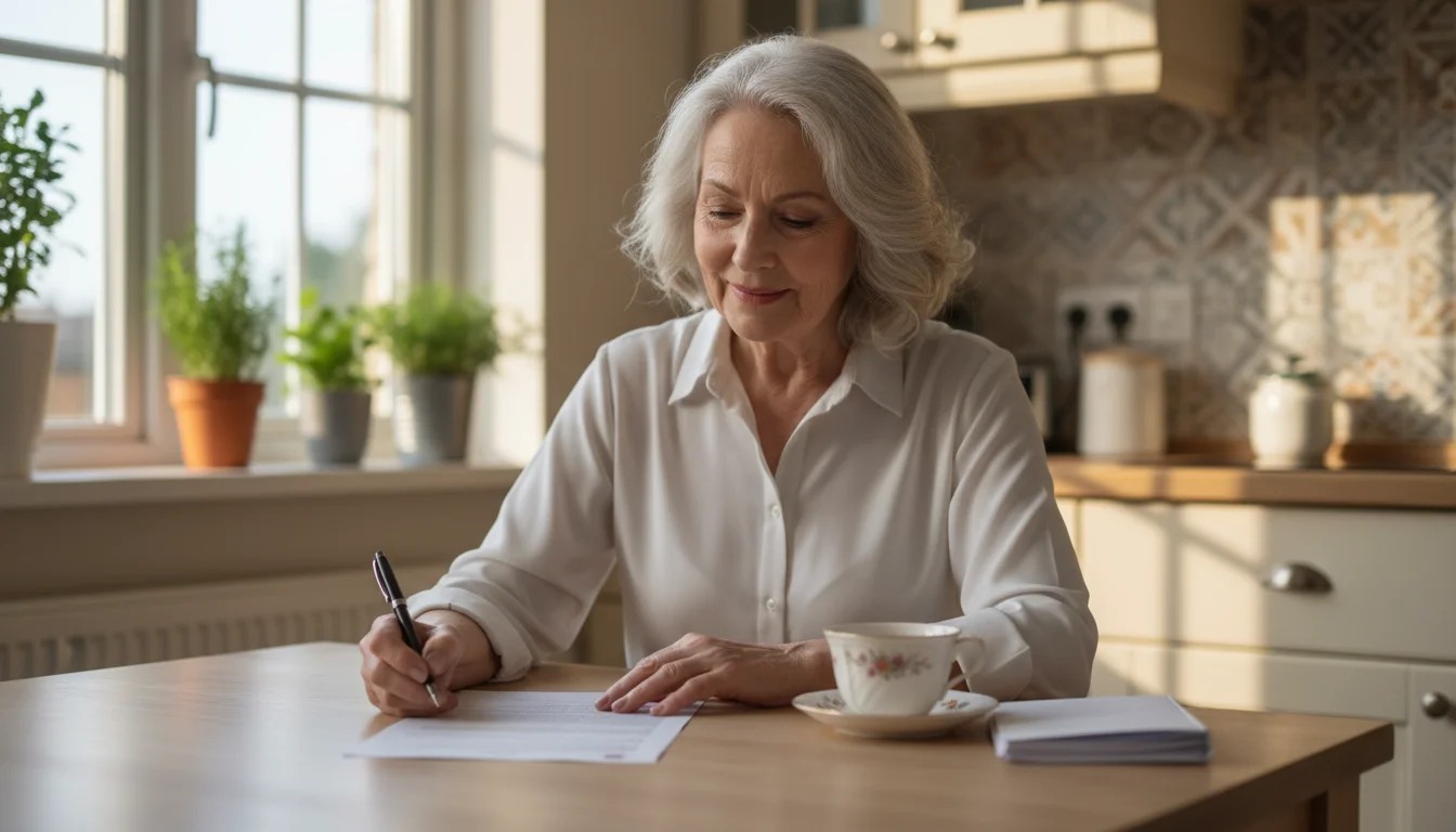 An older woman with silver hair sits at a kitchen table, looking at papers with a satisfied smile. A teacup and pen are on the table.