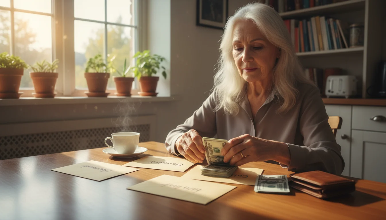 An older woman with silver hair sits at a kitchen table, carefully sorting dollar bills into labeled envelopes.