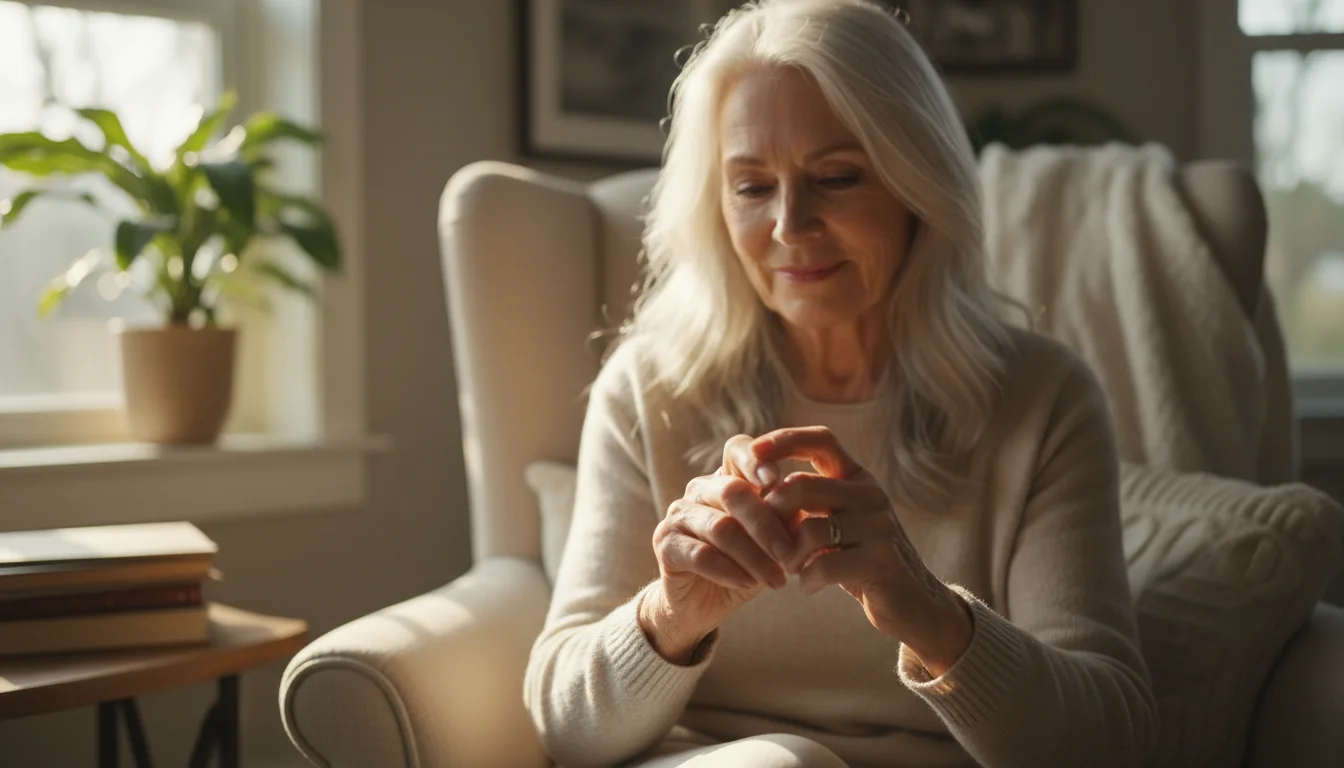 An older woman with silver hair sits, gently massaging her fingers with her other hand, looking down thoughtfully in a warm, sunlit room.