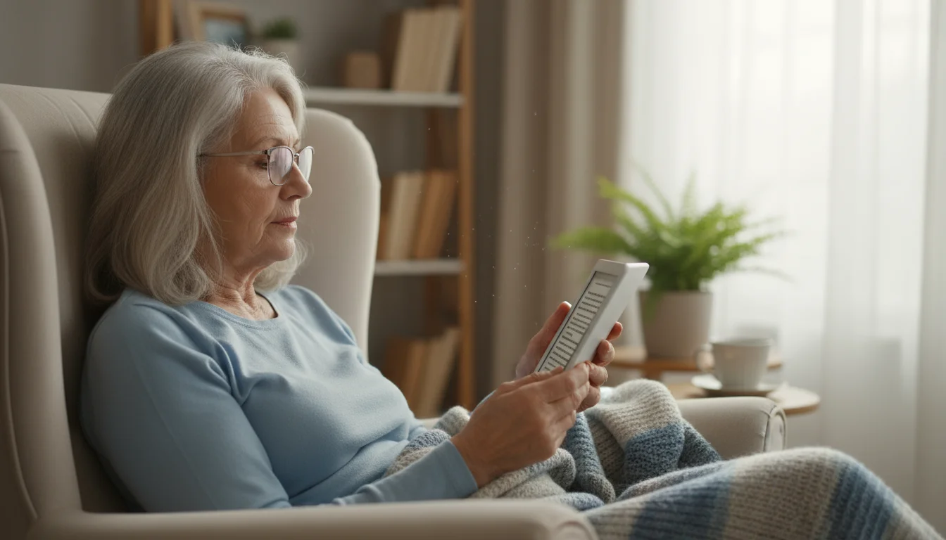 An older woman with silver hair sits relaxed in a sunlit armchair, engrossed in reading an e-reader displaying large, clear text.