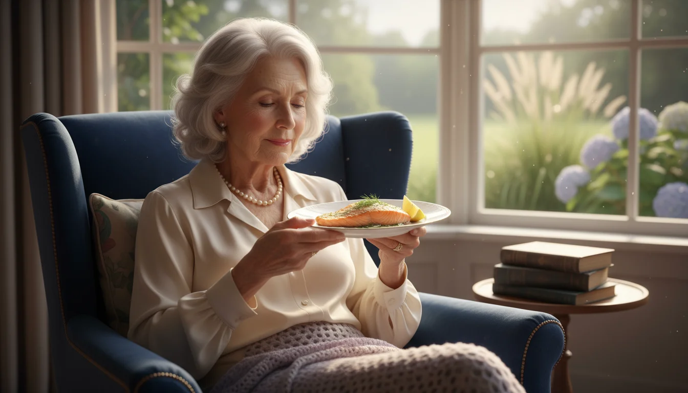 An older woman with silver hair sits in a sunlit armchair, gently holding a plate with a baked salmon fillet.