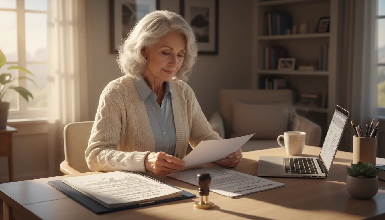 An older woman with silver hair sits at a sunny home office desk, reviewing documents with a notary stamp and journal nearby.