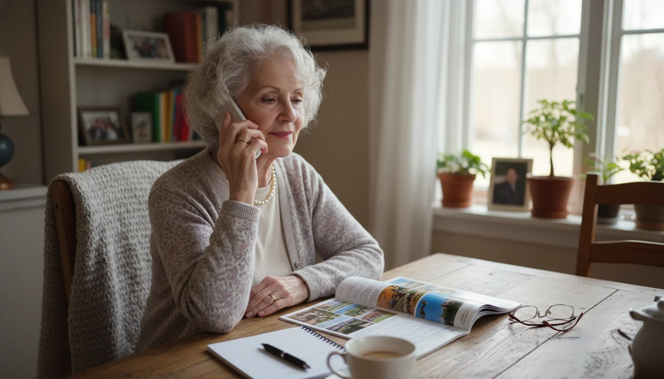 An older woman with silver hair sits at a table, holding a phone to her ear, looking at a travel brochure and a notebook.